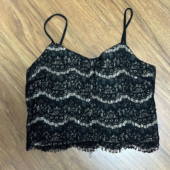 Monteau LA Womens Black Beige Lace V Neck Sleeveless Cropped Top Cotton Blend M - Picture 1 of 8